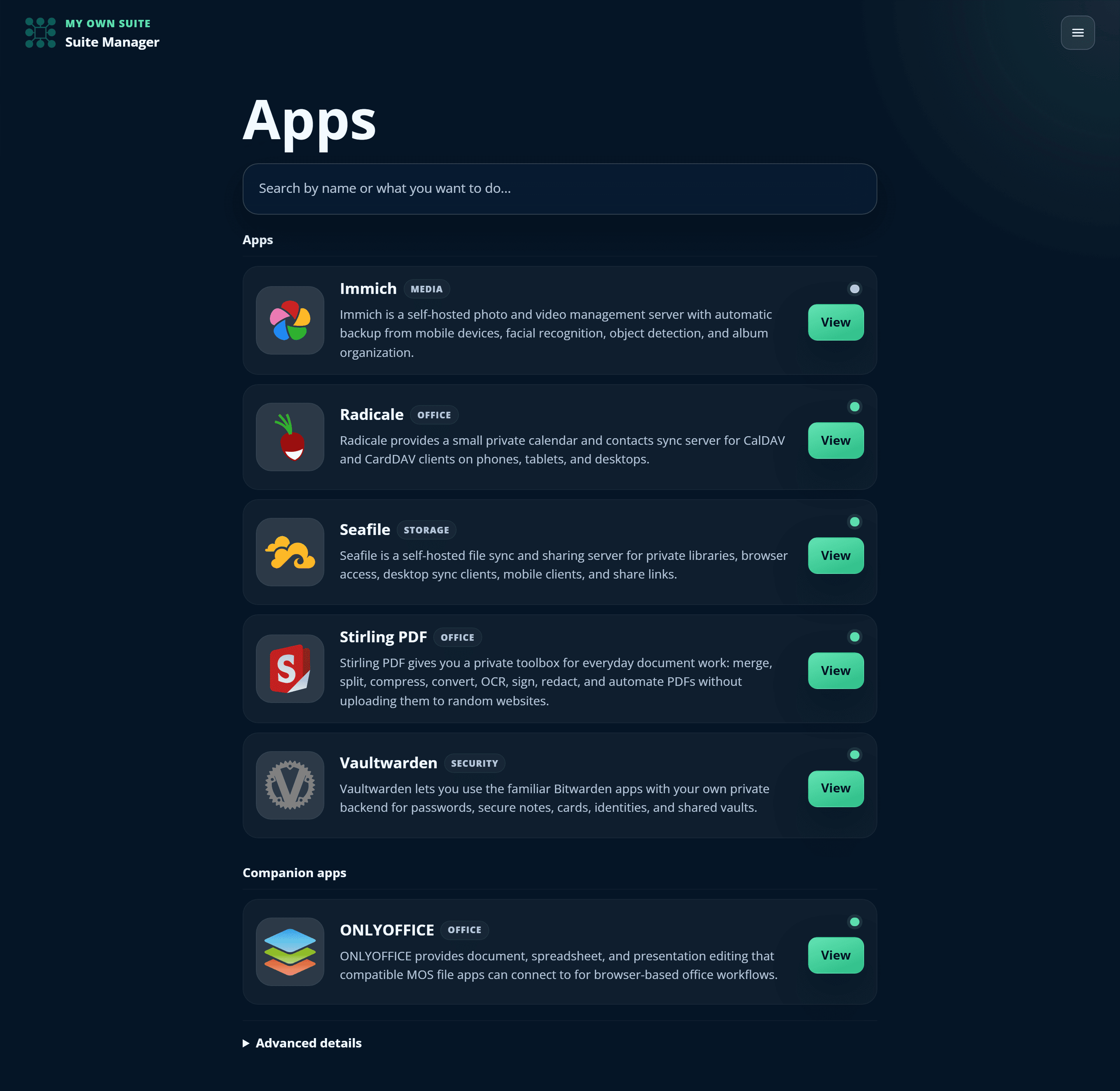 The My Own Suite app catalog, listing self-hosted apps for photos, calendars, files, PDFs and passwords