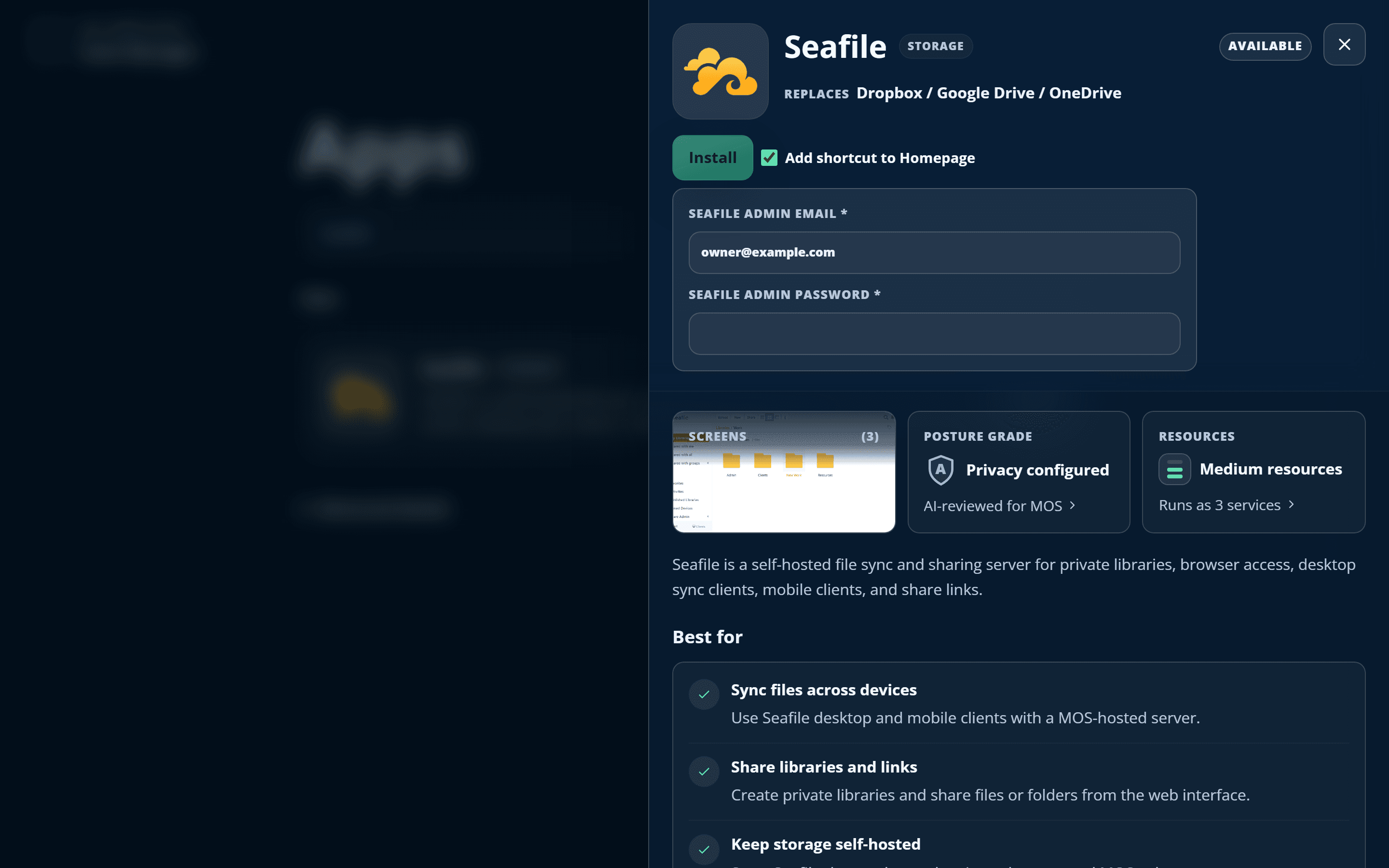 An app detail view in My Own Suite showing what the app replaces, its privacy grade, and a single Install button