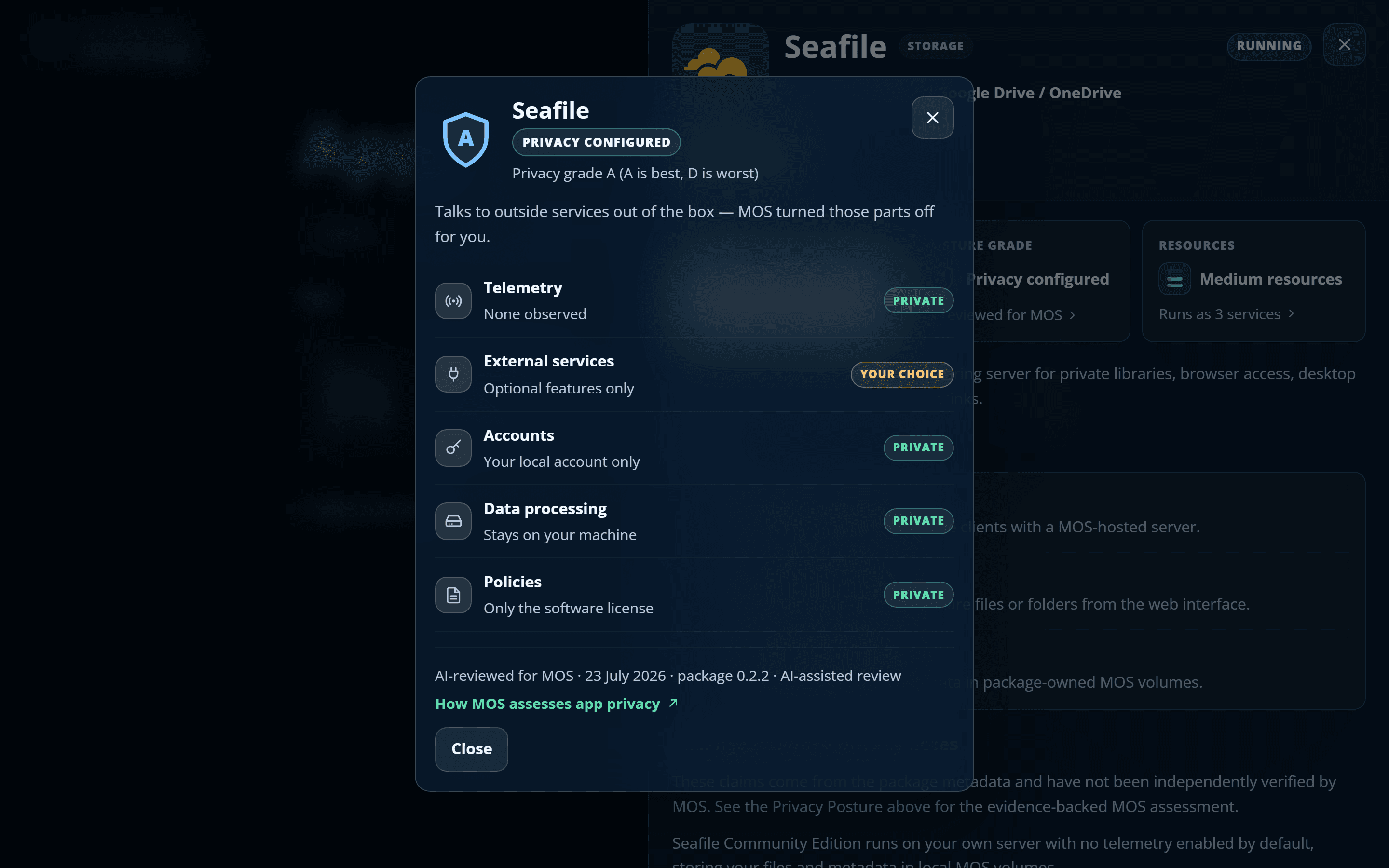 A My Own Suite privacy posture card grading an app on telemetry, external services, accounts, data processing and policies